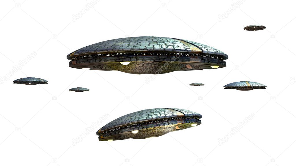 3D illustrations of an UFO in several images adjusted for perspective, for science fiction artwork or interstellar deep space travel. Clipping path included in the file.