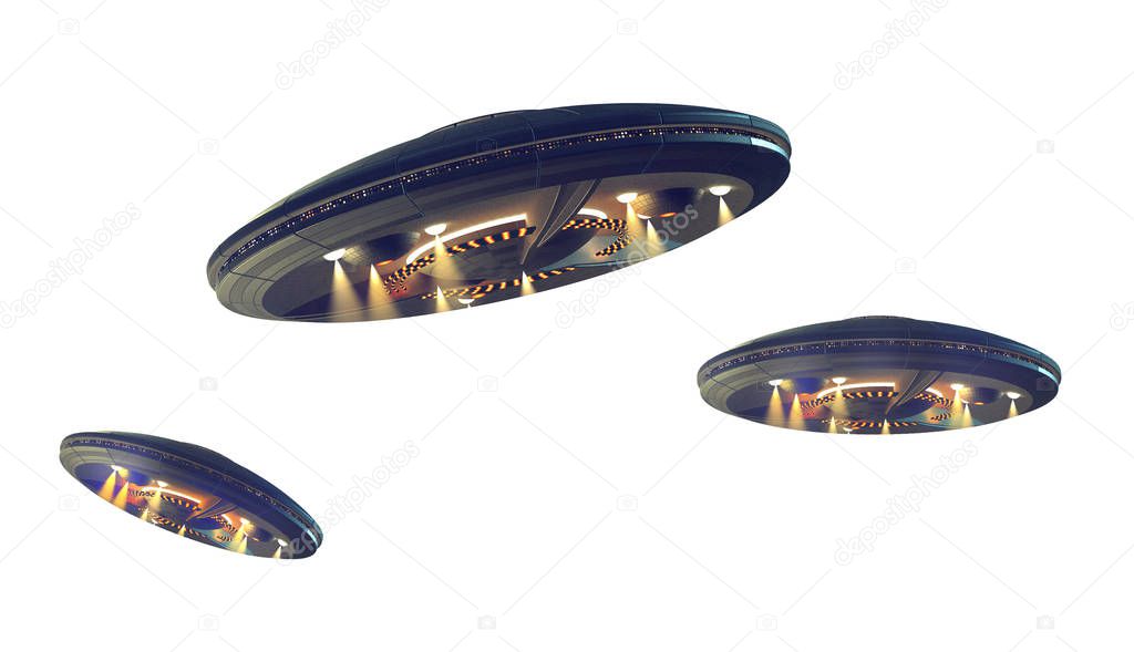 3D illustrations of an UFO in several images adjusted for perspective, for science fiction artwork or interstellar deep space travel. Clipping path included in the file.
