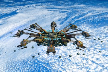 uzay gemisi ve uçağı yukarıda, 3D render için fütüristik, fantezi ya da yıldızlararası uzay seyahat arka planlar. Nasa tarafından döşenmiş bu animasyon öğeleri.