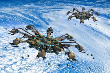 örümcek benzeri uzaylı uzay gemileri ve uçağı yukarıda, 3D render için fütüristik, fantezi ya da yıldızlararası uzay seyahat arka planlar. Nasa tarafından döşenmiş bu animasyon öğeleri.