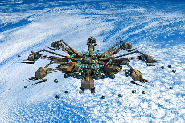 Рендерінг Інопланетного Корабля Трутнів Вище Землі Футуристичний Фантазія Або Міжзоряного — стокове фото