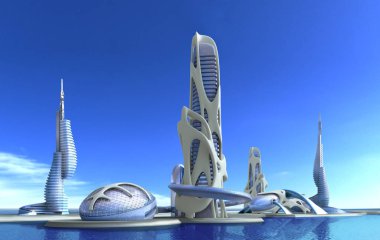 bir marina manzarası, fantezi ve bilim kurgu resimler için karşı organik yüksek katlı mimariye sahip 3D fütüristik şehir.