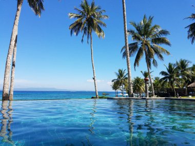 Sonsuzluk havuzu ve palmiye ağaçlarıyla, Bali, Endonezya resort seyahat arka plan için kopya alanı ile Hint Okyanusu.
