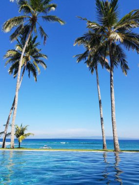 Bir tatil Bali, Endonezya Candidasa plajda Hint Okyanusu'na bakan bir sonsuzluk havuzunda yansıyan palmiye ağaçları
