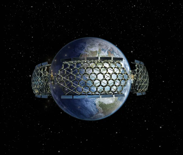 Illustration Honeycomb Geodesic Structure Surrounding Earth Symbol Humanity Reaching Type — Stock Photo, Image
