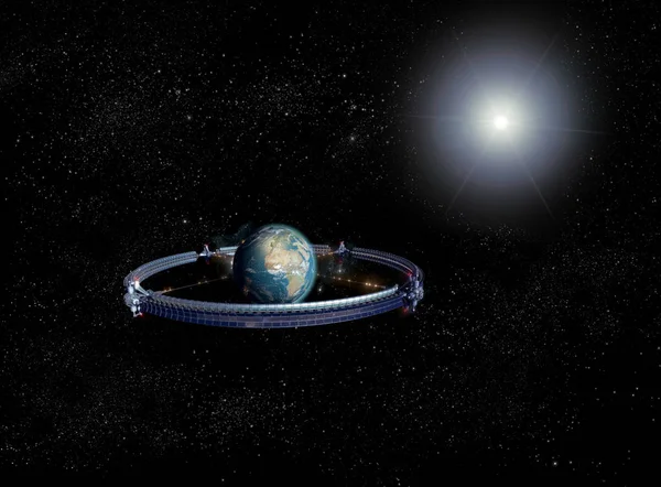 3D Rendering of giant space wheel with space elevators built around Earth, for science fiction or video game backgrounds.