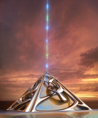 3D fütüristik şehir mimarisi ile fantezi ve bilim kurgu resimler için bir uzay asansörü ile asma benzeri organik yapılar içine bir cam piramit.