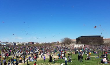 Washington, Dc - 31 Mart 2018: Yetişkinler ve çocuklar büyük bir kalabalık uçmak uçurtma Uçurtma Festivali Ulusal Mall Washington Anıtı Cherry Blossom Festivali sırasında yakın.