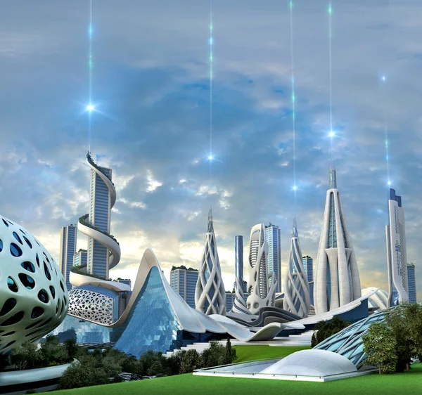 Futuristische Stadt, angetrieben von einer exotischen Energiequelle — Stockfoto