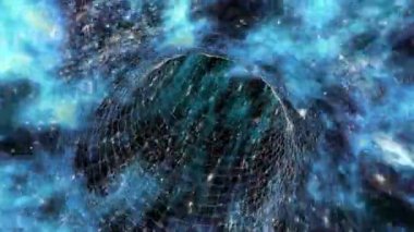 Yıldız ve yıldızlararası gazlardan geçen, mavi kayılan bir güç alanı ızgarası aracılığıyla başka bir boyuta döngülü solucan deliği uçuşu