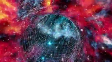 Yıldız ve yıldızlararası gazlardan geçen, kırmızı kayılan bir güç alanı ızgarası aracılığıyla başka bir boyuta döngülü solucan deliği uçuşu