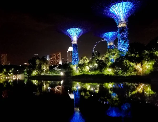 SINGAPUR - 7 de mayo de 2017: Súper árboles iluminados en los jardines —  Fotos de Stock