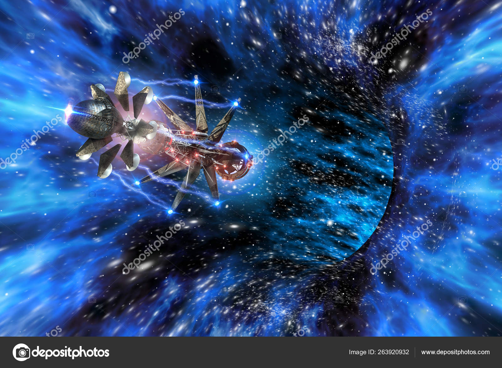 웜홀에 들어가는 우주선의 3D 일러스트 — 스톡 사진 © 3000ad #263920932