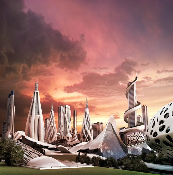 Futuristische stad met een organisch architectonisch ontwerp — Stockfoto