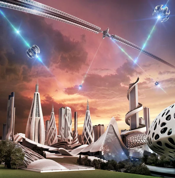 Futuristic city and space wheel with an exotic energy source — Stock Photo, Image