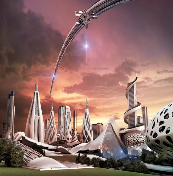 Futuristic city and space wheel with an exotic energy source — Stock Photo, Image