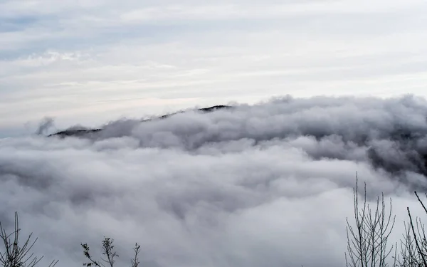 Letecký pohled na hory zaplavené mraky — Stock fotografie