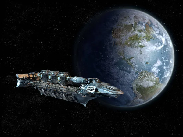 Szczegółowy statek kosmiczny w pobliżu orbity Ziemi — Zdjęcie stockowe