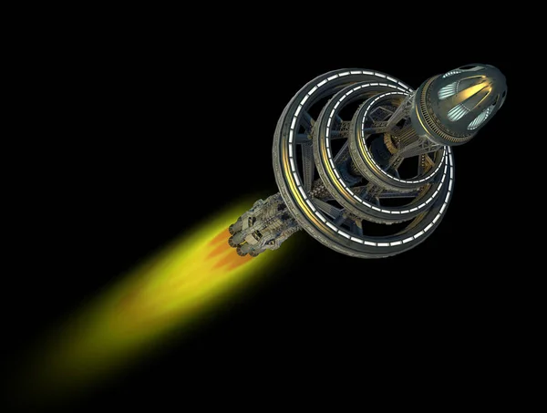 Szczegółowy międzygwiezdny statek kosmiczny z dopalaczem wyizolowanym na bla — Zdjęcie stockowe