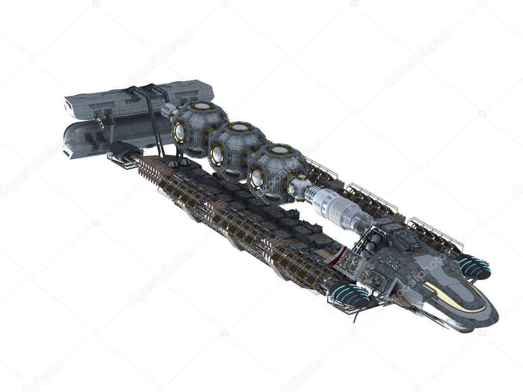 3D highly detailed alien spaceship for futuristic deep space travel or science fiction backgrounds with the clipping path included in the illustration.