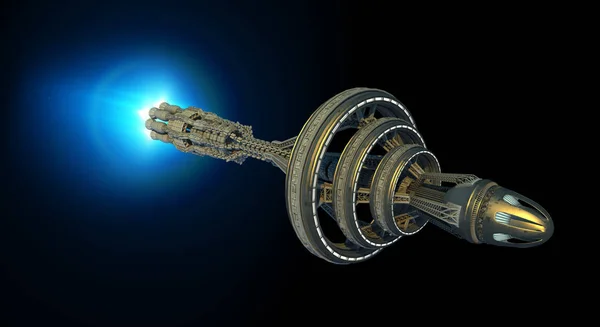 Detailed interstellar spaceship with afterburner isolated on bla — Stock Photo, Image