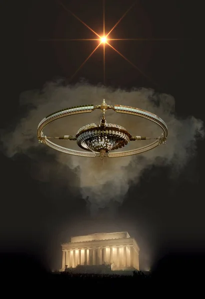 Ilustración Platillo Volador Alienígena Flotando Por Noche Sobre Lincoln Memorial —  Fotos de Stock