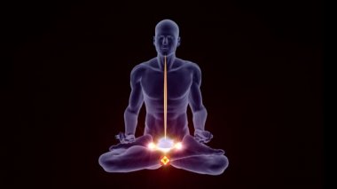 Insan silueti aydınlanmış bir yoga meditasyonu pozunda omurga boyunca sarmalanmış spiraller Hindu çakralarını aydınlatıyor..