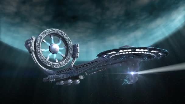 在一个配备光剑装置的外星行星附近的史诗飞船 用于科幻小说和未来星际旅行 或深空军事游戏 — 图库视频影像