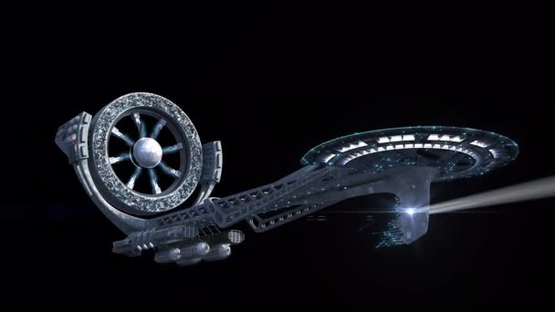 ライトセーバー装置を展開するアルファチャンネル上のエイリアン宇宙船 サイエンスフィクションと未来の星間旅行 または深宇宙軍事ゲームのために — ストック動画