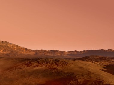Bilim kurgu ya da uzay araştırmaları için kırmızı kayalık bir araziye sahip 3 boyutlu Mars manzarası.
