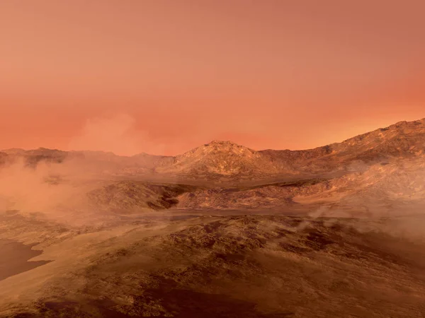 3D rendered Mars landscape with a red rocky terrain covered in fog, for science fiction or space exploration backgrounds.