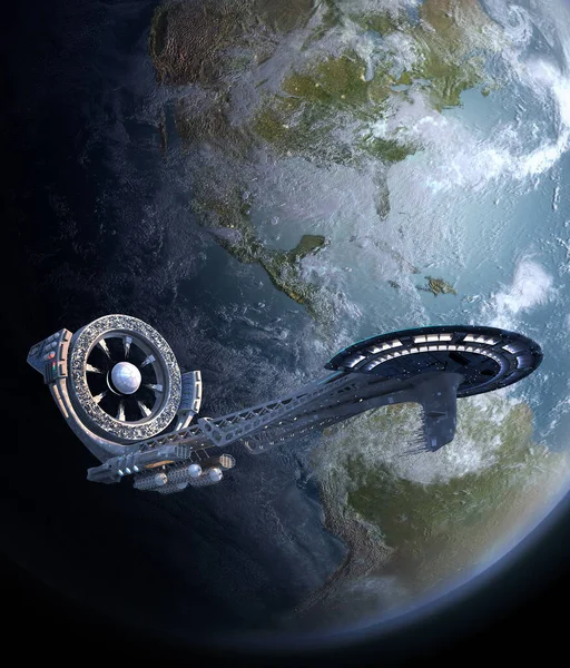 Futurystyczny Statek Kosmiczny Ilustracja Strukturą Koła Źródła Zasilania Pobliżu Ziemi — Zdjęcie stockowe
