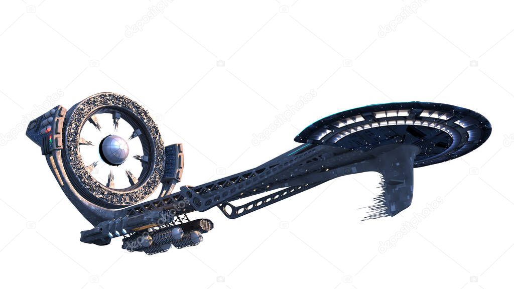 Futuristic spaceship with a power source wheel structure, with the clipping path included in the 3D illustration, for science fiction architecture or video game backgrounds.