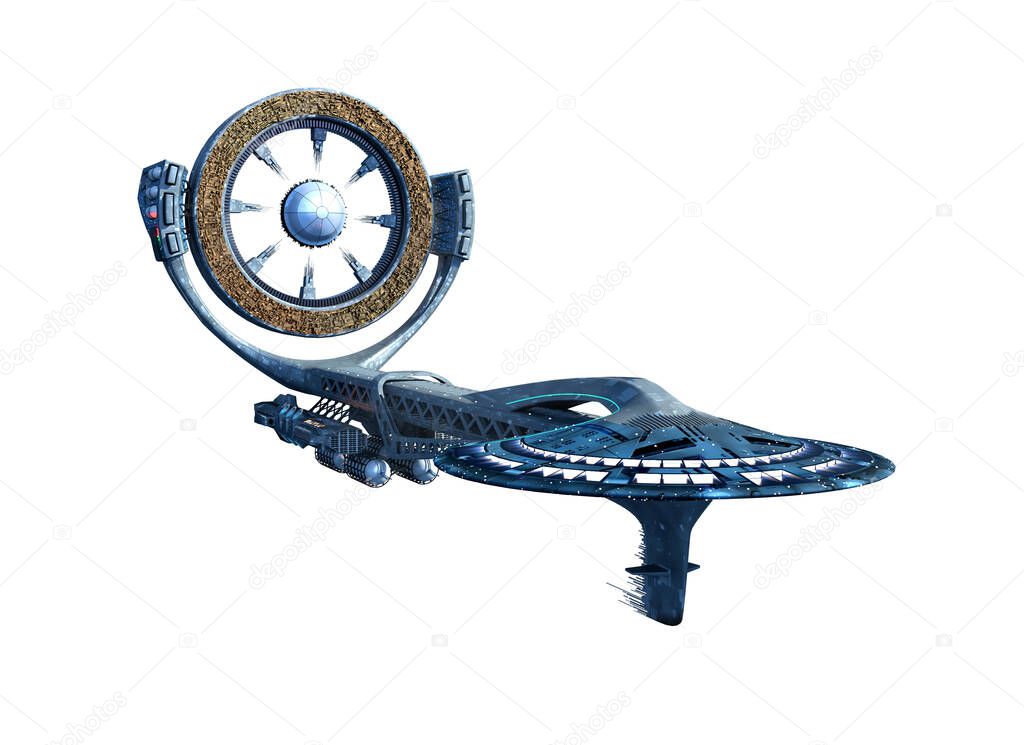 Futuristic spaceship with a power source wheel structure, with the clipping path included in the 3D illustration, for science fiction space travel or video game backgrounds.