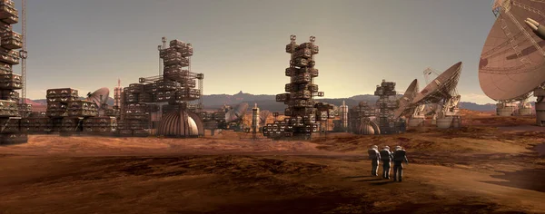 Ілюстрація Астронавтів Червоній Скелястій Місцевості Які Дивляться Промислові Модульні Архітектурні — стокове фото