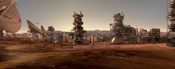 Illustration Mars Colony Red Rocky Terrain Industrial Modular Architecture Communication — Stock Photo, Image