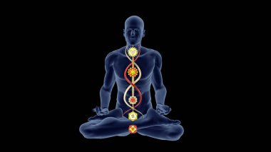 Aydınlanmış bir Yoga meditasyonunda siluet Hindu çakralarıyla çekirdek boyunca sarmalanmış spiraller üzerinde poz verir..