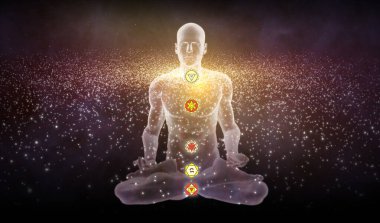 Aydınlanmış bir Yoga meditasyonunda siluet bir galaksi dolusu yıldızla örtüşen Hindu çakralarıyla poz veriyor..