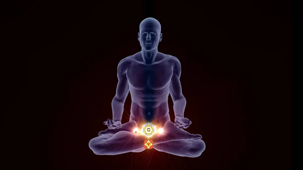 Silhouette Enlightened Yoga Meditation Pose Two Highlighted Hindu Chakras — Stock Photo, Image