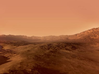 Bilim kurgu ya da uzay araştırmaları için kırmızı kayalık bir araziye sahip 3 boyutlu Mars manzarası.