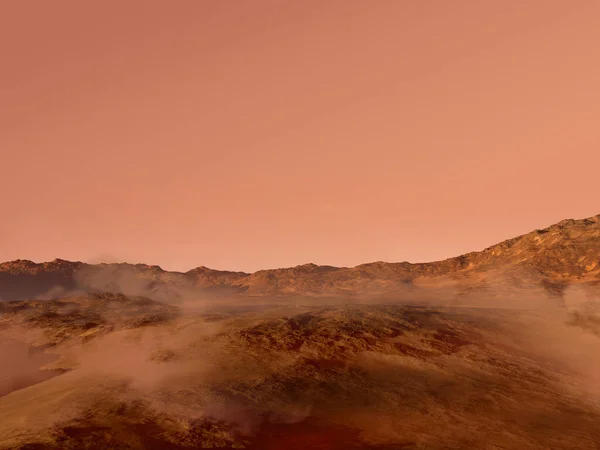 Renderizado Paisaje Marte Con Terreno Rocoso Rojo Cubierto Niebla Para —  Fotos de Stock