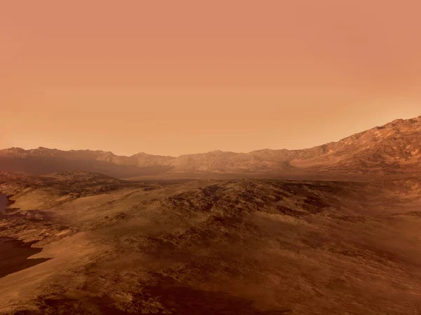 3D Mars landscape rendering with a red rocky terrain, for science fiction or space exploration backgrounds.