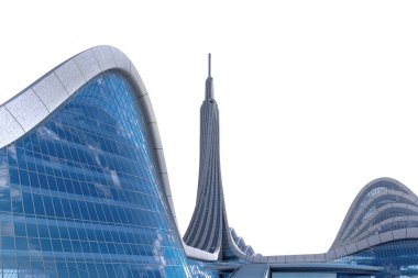 Bilimsel kurgu veya fantezi geçmişleri için dosyada yer alan kırpma yolu ile beyazda izole edilmiş, organik mimarisi olan fütüristik bir şehrin 3D çizimi.