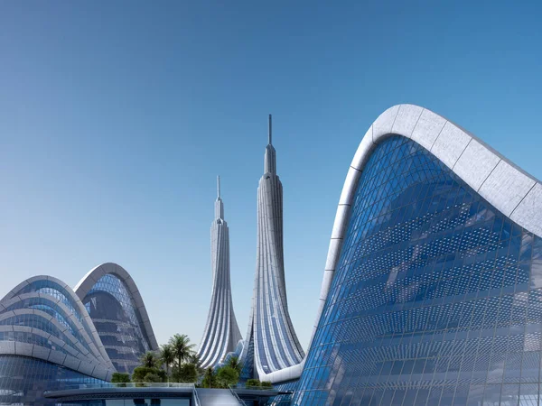 Ilustración Una Ciudad Futurista Con Rascacielos Gemelos Rodeados Estructuras Orgánicas — Foto de Stock