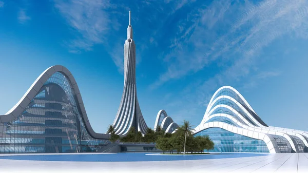 科幻小说背景的未来城市建筑的3D图解 高耸的建筑物被有机建筑环绕 — 图库照片