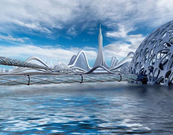 Illustration Une Ville Futuriste Architecture Aquatique Aux Structures Dômes Organiques — Photo