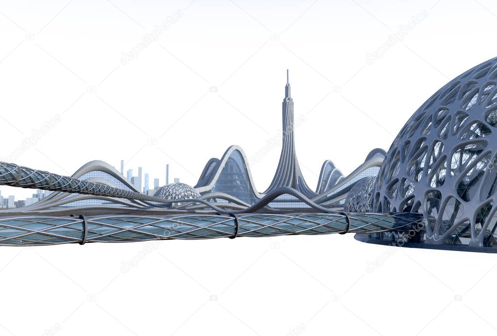 3D illustration of a science fiction city with futuristic architecture, organic dome structures connected by tubular walkways. The isolation path is included in the file.