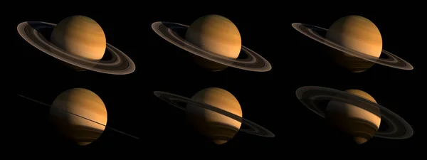 イラストに含まれるクリッピングパスを持ついくつかの角度から 黒の土星惑星の3Dレンダリングは 宇宙探査の背景のために Nasaによって提供されたこの画像の要素 — ストック写真