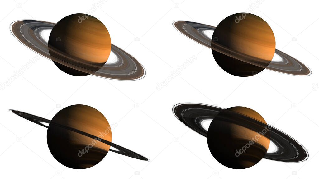 3D renderings of the Saturn planet on white, from several angles with the clipping path included in the illustration, for space exploration backgrounds. Elements of this image furnished by NASA.