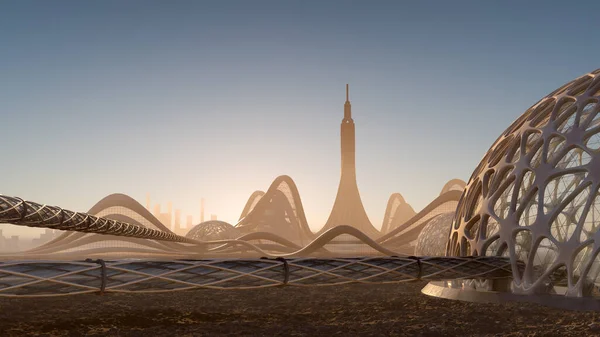 科幻小说背景下的城市天际线的三维图解 其未来建筑和有机穹顶结构由管状人行道连接起来 — 图库照片